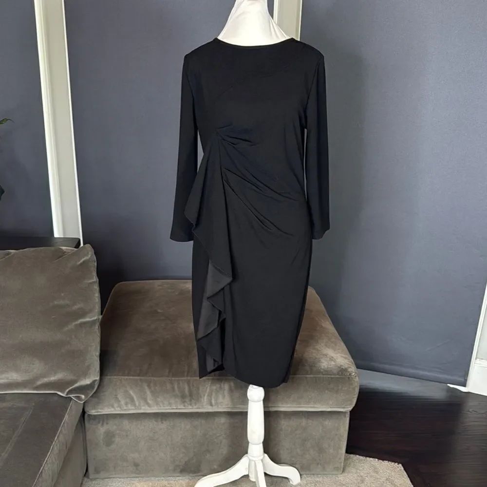 Women’s Black Asymmetrical Ruffled Midi Dress 3/4 Sleeve Zip Back Size 2XL NEW
